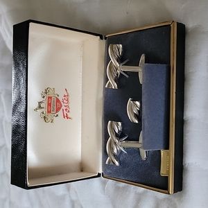 NIB, Vintage Foster Men's Cufflink/Tie Tack Set, Color Silver, Rhodium Finish